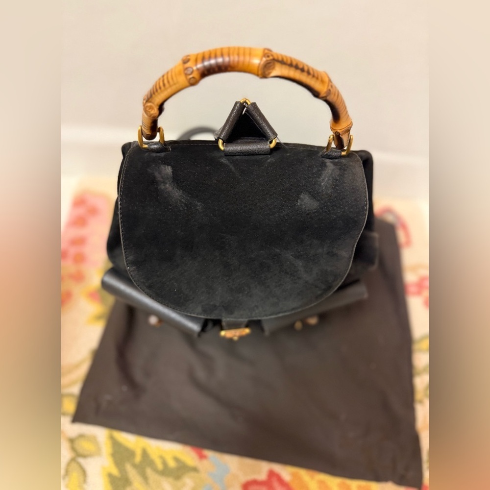GUCCI‎ Vintage Y2K Unisex Black Suede & Leather Trim Bamboo Medium Backpack - Picture 4 of 16